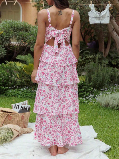 Dresses For WomenWomen Summer Spaghetti Strap Tiered Ruffle Dress Casual Sleeveless Floral Layered Maxi Dress For Women Beach SundressLoose And Comfo