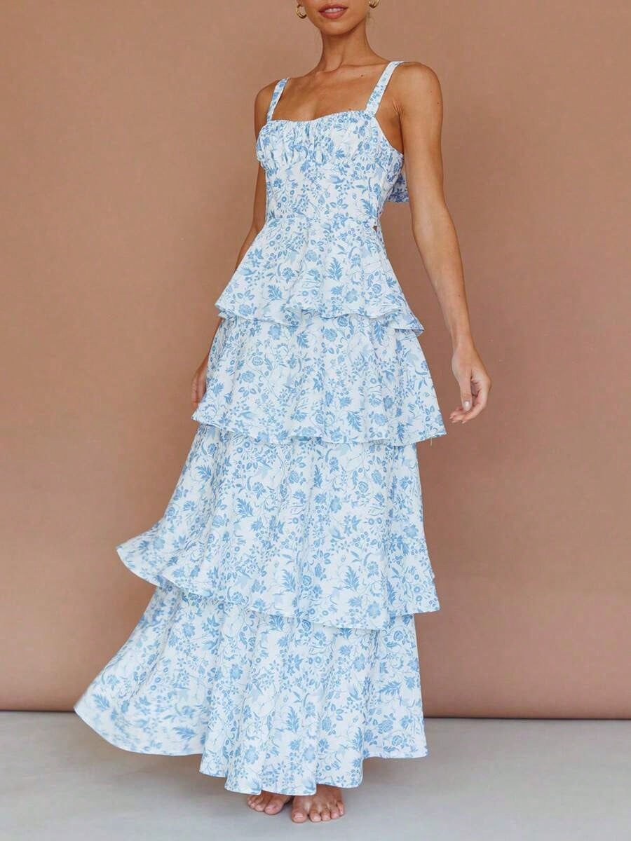 Dresses For WomenWomen Summer Spaghetti Strap Tiered Ruffle Dress Casual Sleeveless Floral Layered Maxi Dress For Women Beach SundressLoose And Comfo