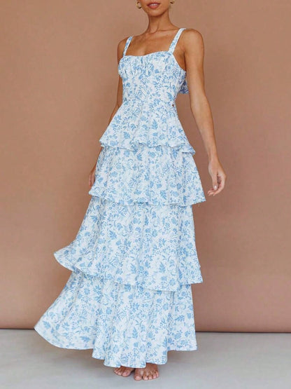 Dresses For WomenWomen Summer Spaghetti Strap Tiered Ruffle Dress Casual Sleeveless Floral Layered Maxi Dress For Women Beach SundressLoose And Comfo