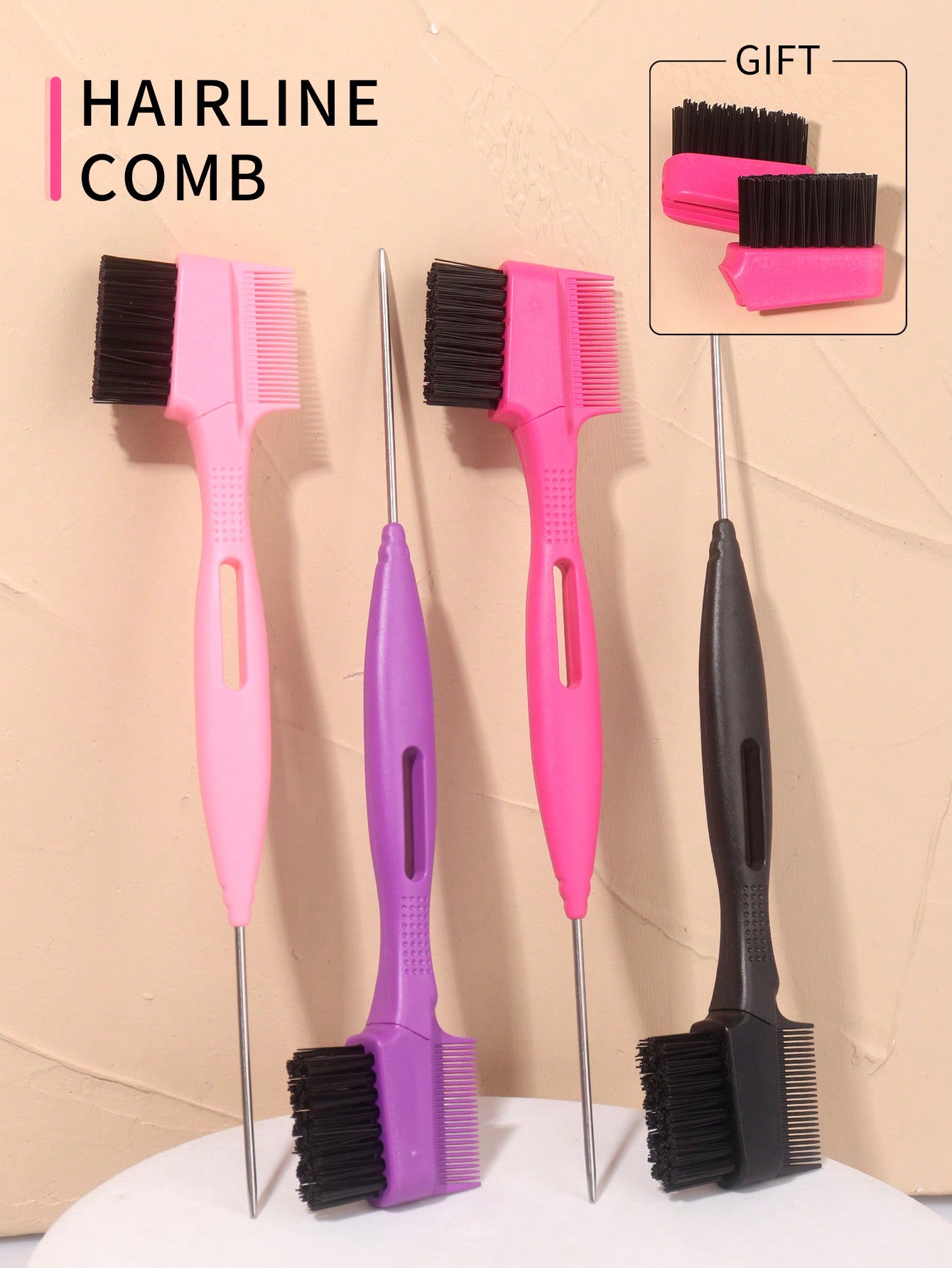 Dual‑End Edge Control Brush & Rat Tail Comb With Free Replacement Brush Heads, Hair Styling Tool For Braids & Baby Hair