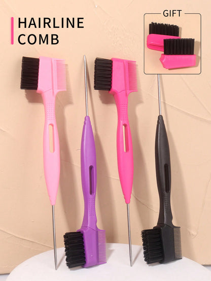 Dual‑End Edge Control Brush & Rat Tail Comb With Free Replacement Brush Heads, Hair Styling Tool For Braids & Baby Hair