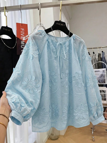Early Spring New Design Floral 3D Embellished Long Sleeve Blouse, Loose Casual Top For Women