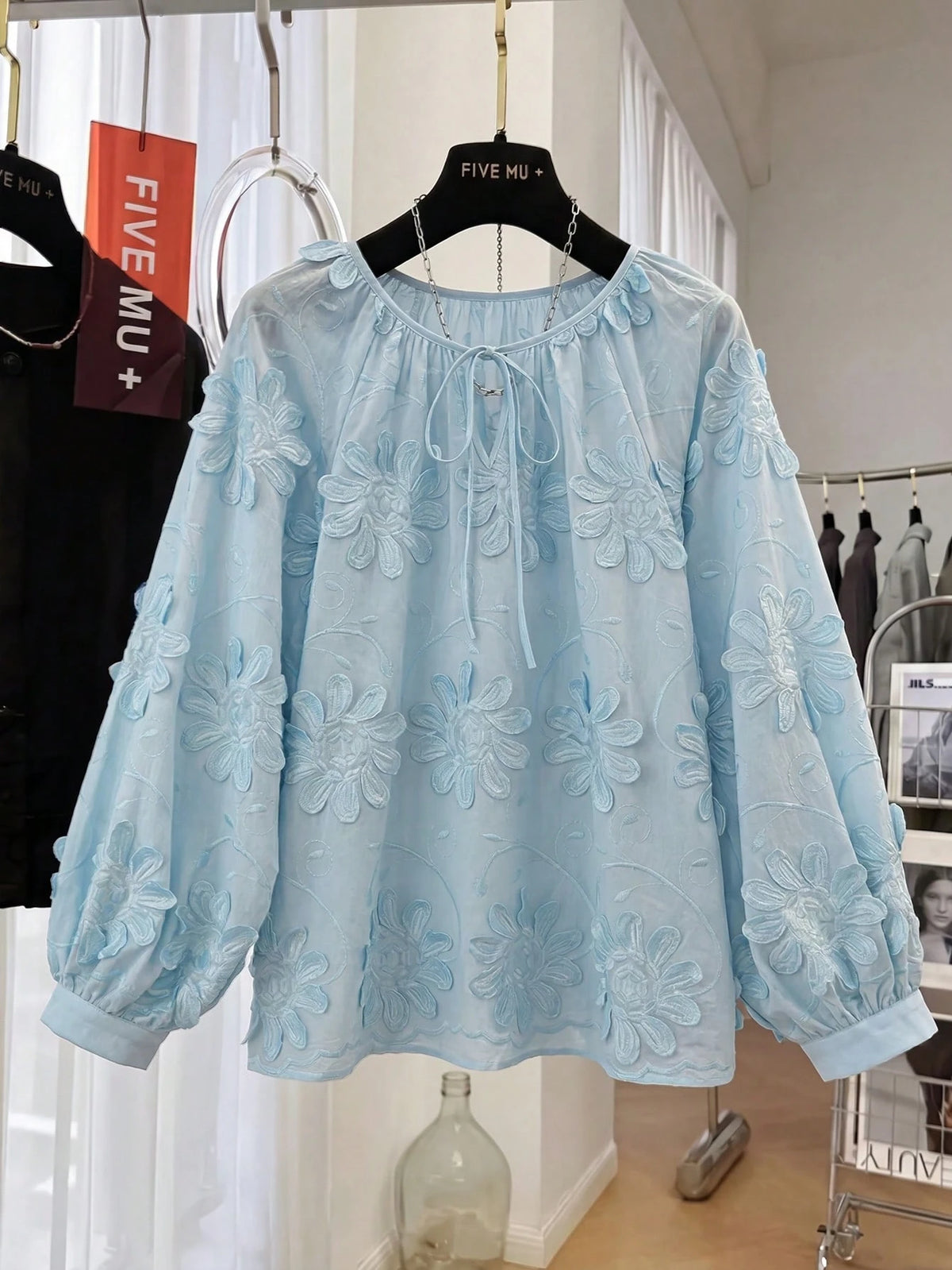 Early Spring New Design Floral 3D Embellished Long Sleeve Blouse, Loose Casual Top For Women