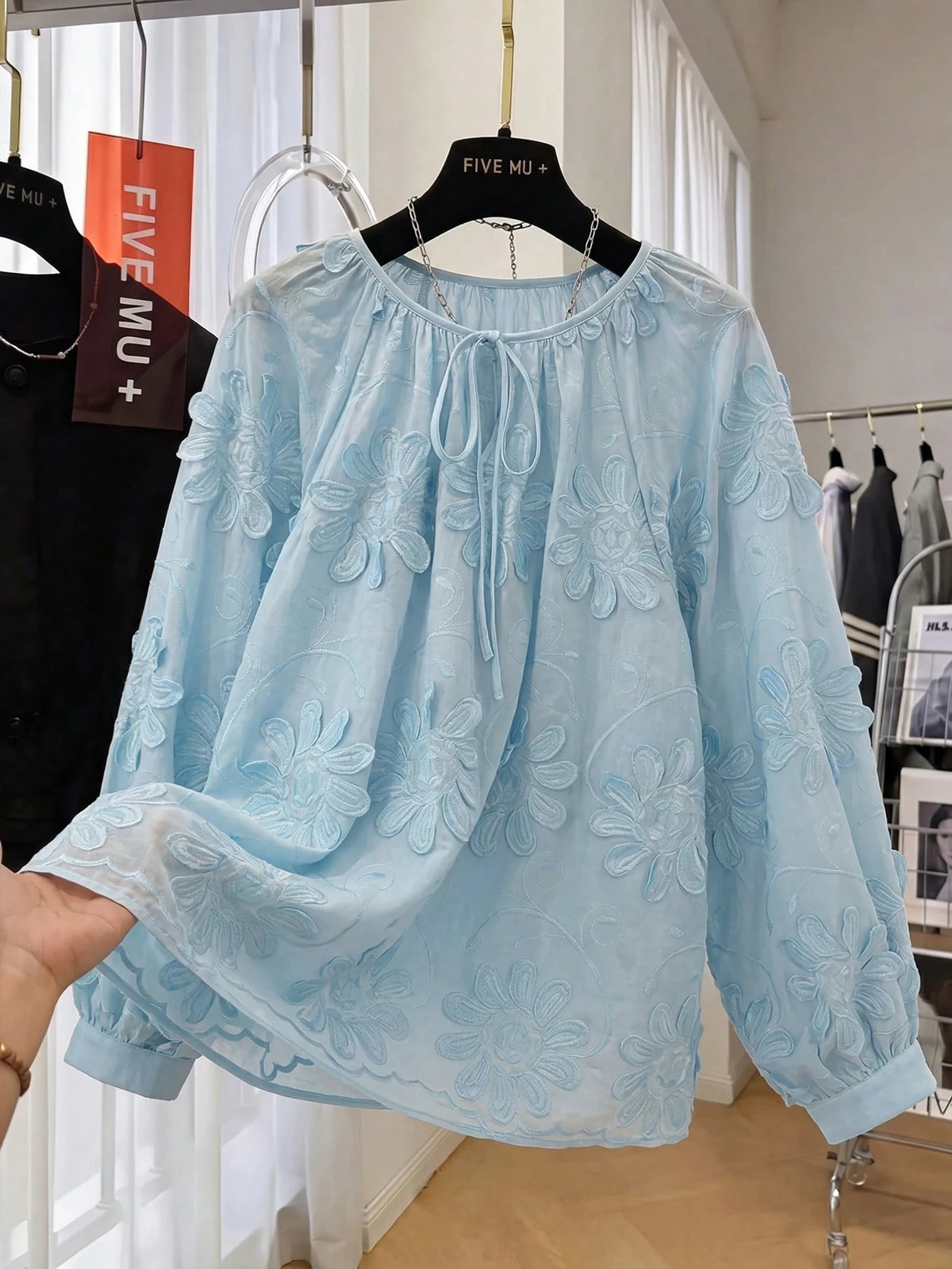 Early Spring New Design Floral 3D Embellished Long Sleeve Blouse, Loose Casual Top For Women