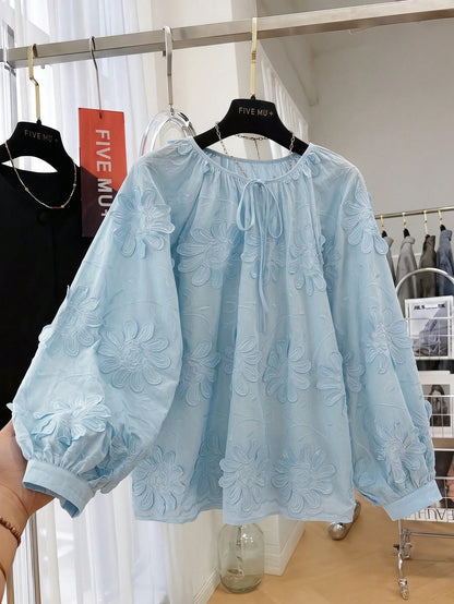Early Spring New Design Floral 3D Embellished Long Sleeve Blouse, Loose Casual Top For Women