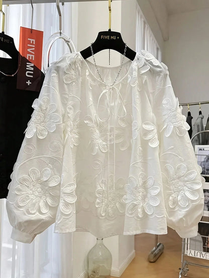 Early Spring New Design Floral 3D Embellished Long Sleeve Blouse, Loose Casual Top For Women