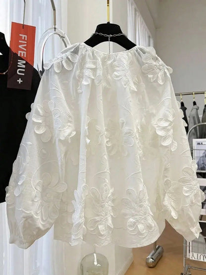 Early Spring New Design Floral 3D Embellished Long Sleeve Blouse, Loose Casual Top For Women