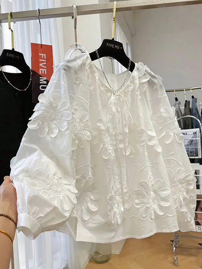 Early Spring New Design Floral 3D Embellished Long Sleeve Blouse, Loose Casual Top For Women