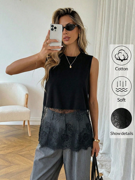 Easowa Women's Cotton Crew Neck Sleeveless Lace Hem Tank Top, Spring/Summer Black Floral Sleeveless Top Casual Sexy Top, Summer For Women Brunch Night Out