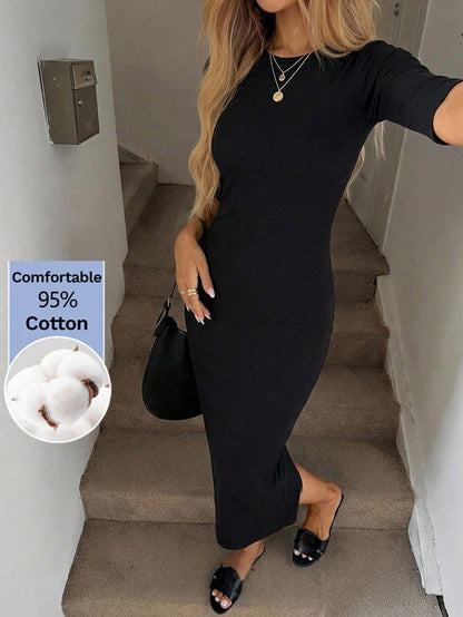 Easowa Women's Elegant Sexy Basic Casual Minimalist Solid Color Slim Fit Midi Dress Everyday Pastal Summer Brunch Golf Holiday Cotton Black