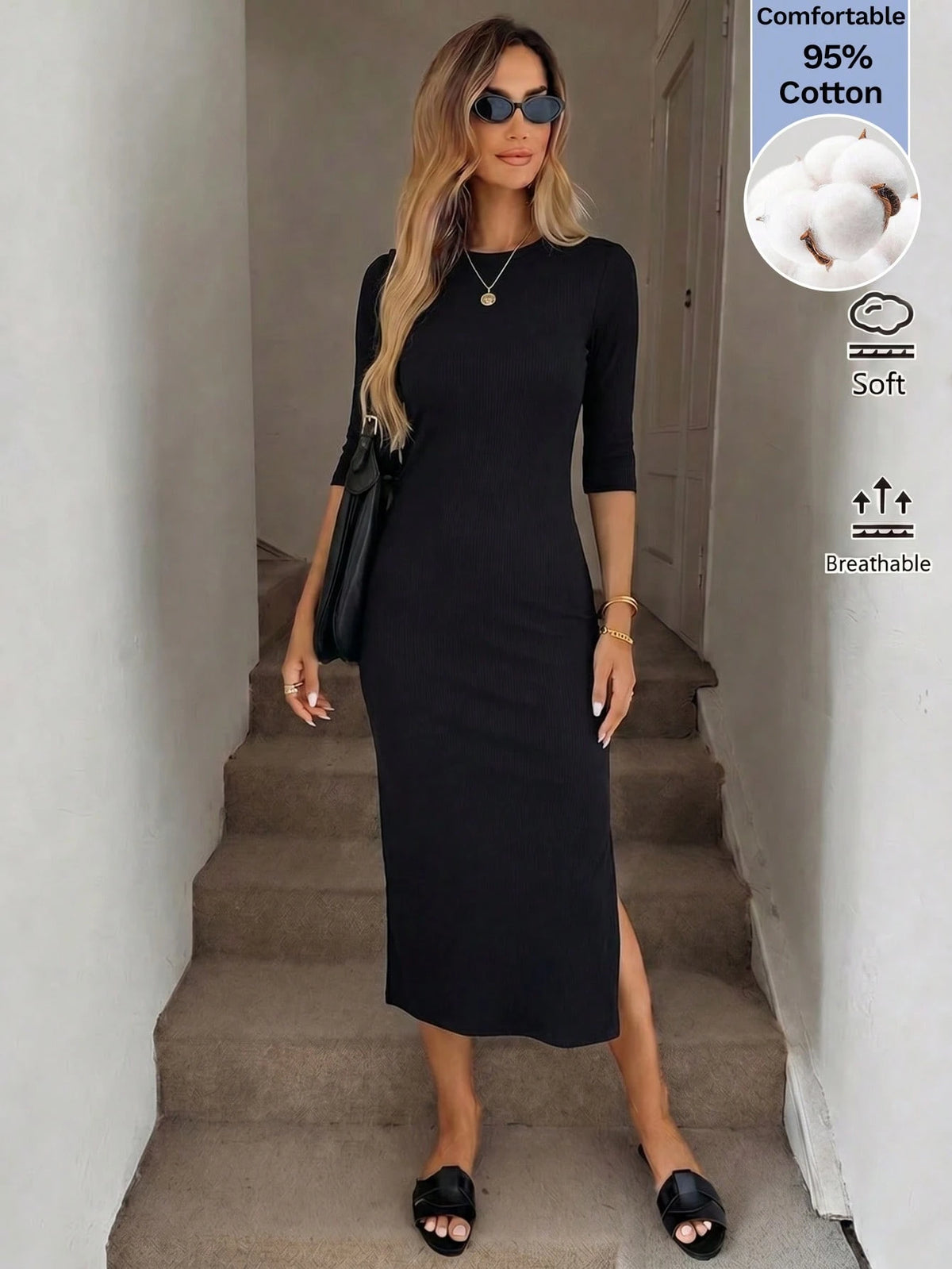 Easowa Women's Elegant Sexy Basic Casual Minimalist Solid Color Slim Fit Midi Dress Everyday Pastal Summer Brunch Golf Holiday Cotton Black