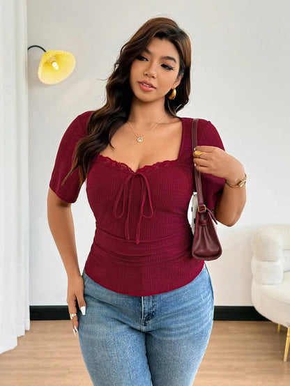 Easura Plus Size Women's New Cherry Red Square Neck Short Sleeve T-Shirt, Versatile Casual Elegant Summer Lace Patchwork Bow Tie Waist Slim Fit Crop Top