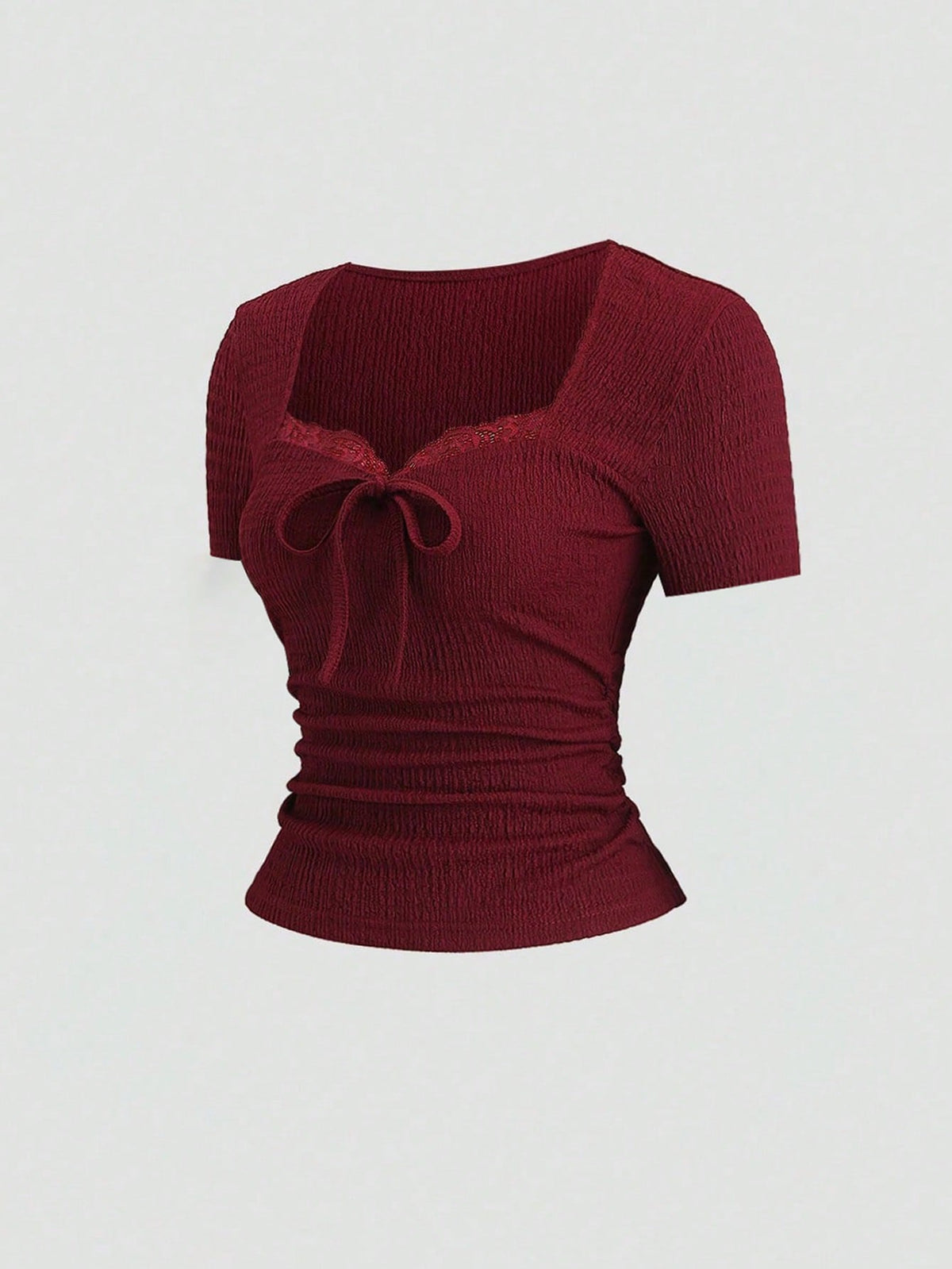 Easura Plus Size Women's New Cherry Red Square Neck Short Sleeve T-Shirt, Versatile Casual Elegant Summer Lace Patchwork Bow Tie Waist Slim Fit Crop Top