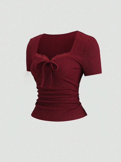 Easura Plus Size Women's New Cherry Red Square Neck Short Sleeve T-Shirt, Versatile Casual Elegant Summer Lace Patchwork Bow Tie Waist Slim Fit Crop Top
