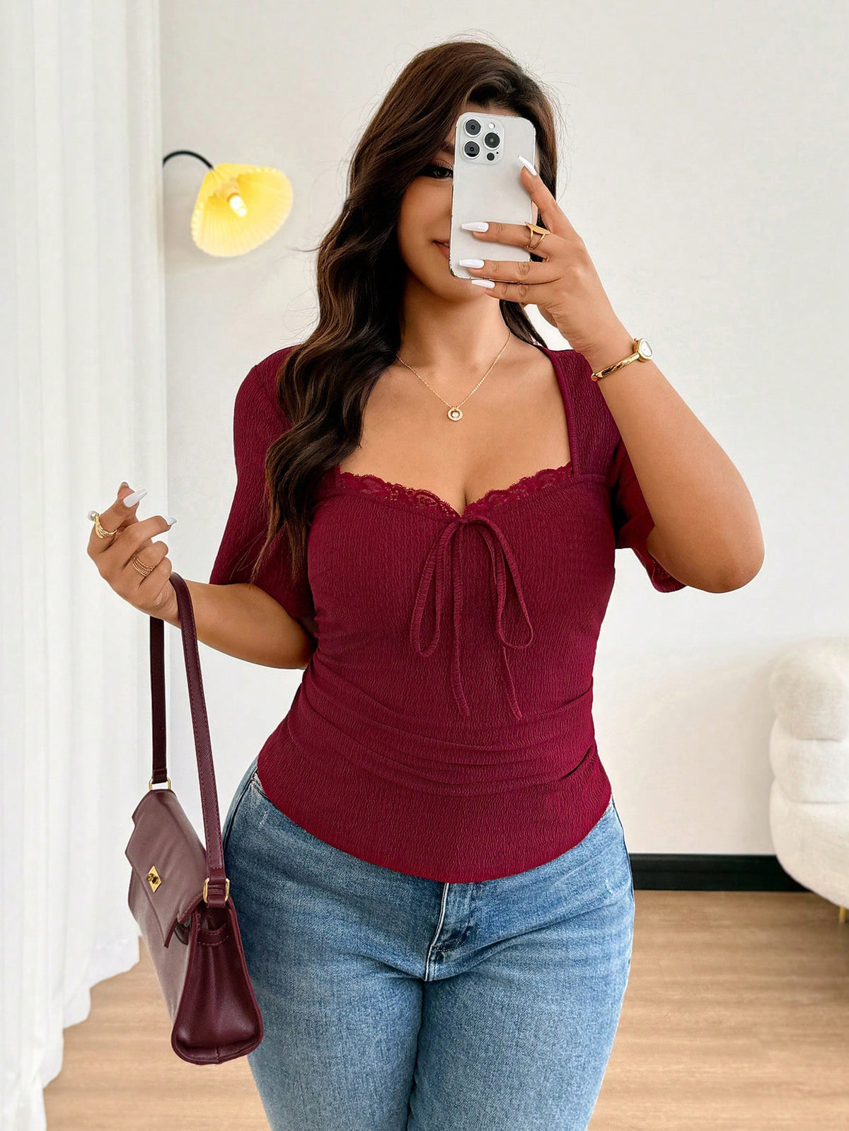 Easura Plus Size Women's New Cherry Red Square Neck Short Sleeve T-Shirt, Versatile Casual Elegant Summer Lace Patchwork Bow Tie Waist Slim Fit Crop Top