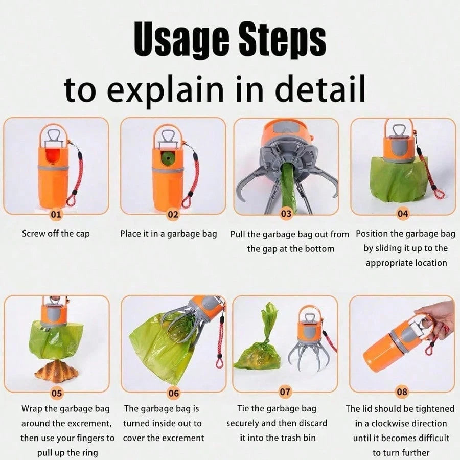 Easy-Carry Pooper Scooper With Bags, Portable Dog Waste Picker For All Dogs, Compact Storage Design (Orange-Gray)