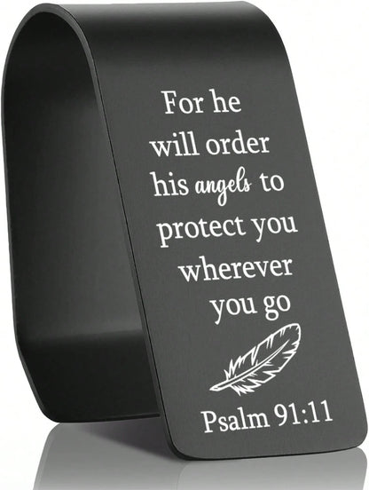 EFFJNSG Christian Car Visor Clip With Psalm 91:11 Scripture, Stainless Steel Religious Accessory For Car, Inspirational Gift For Driver, Faith-Based Reminder Of Protection And Safety EDG22