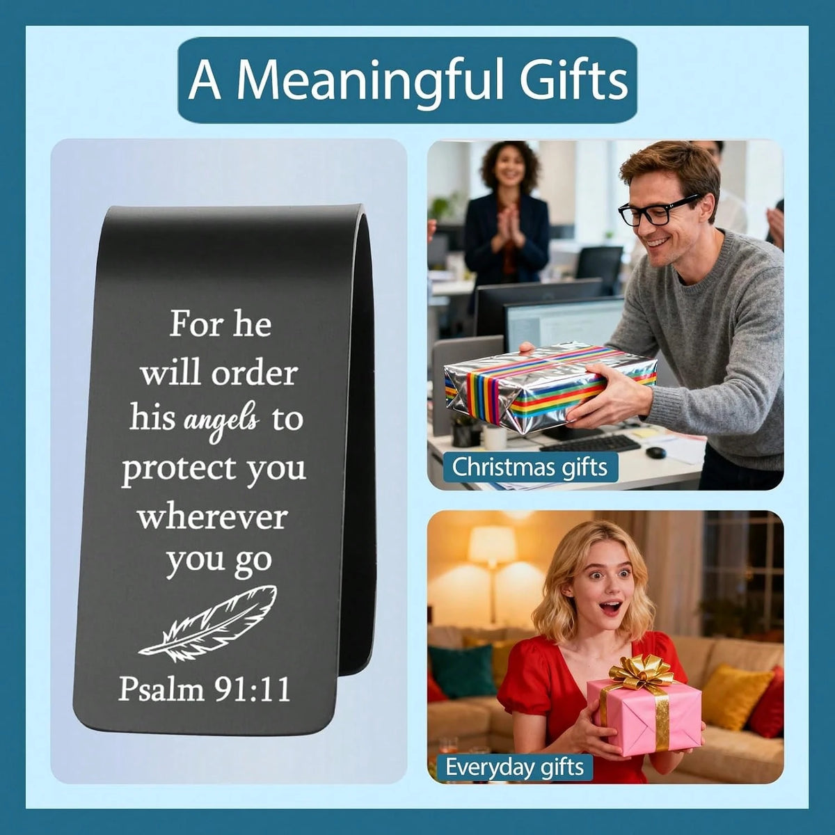 EFFJNSG Christian Car Visor Clip With Psalm 91:11 Scripture, Stainless Steel Religious Accessory For Car, Inspirational Gift For Driver, Faith-Based Reminder Of Protection And Safety EDG22