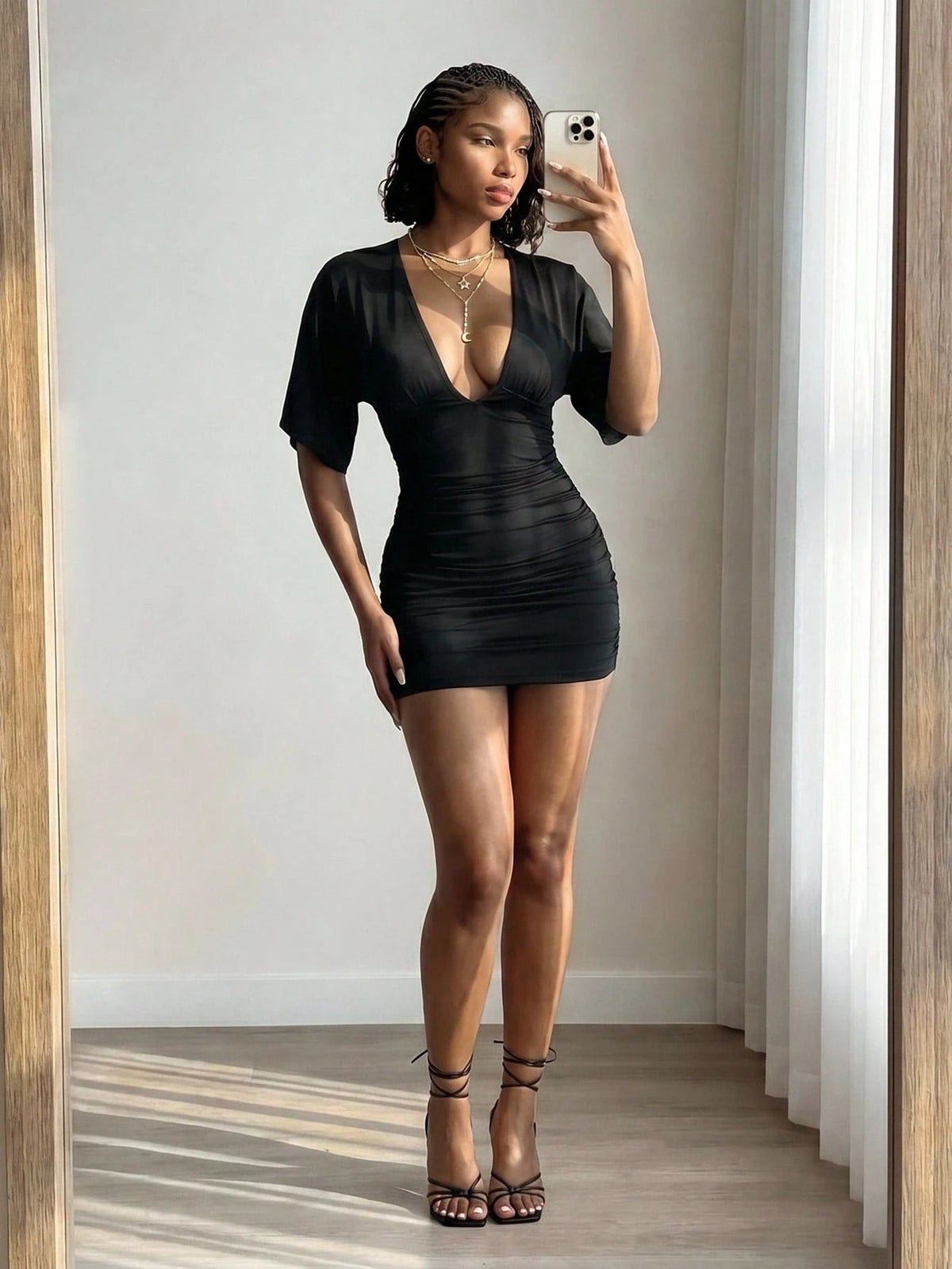 EgrlEra Deep V-Neck Ruched Bodycon Flare Sleeve Dress