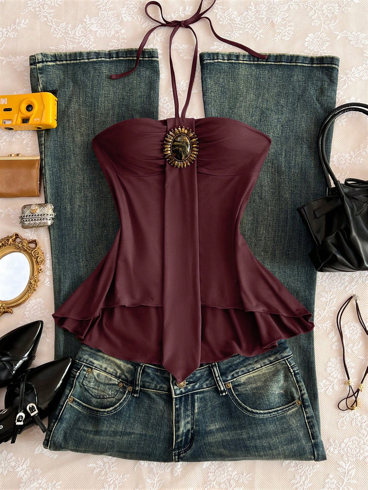 Elamini Summer Vintage Hot Girl Minimalist Sexy Sexy Spaghetti Strap Lace-Up Distressed Floral Beaded Applique Asymmetric Panel Camisole Tank Top