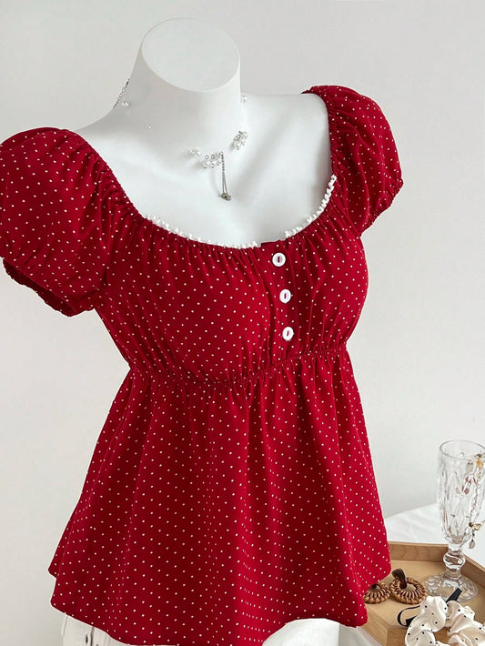 Elamini Women's Comfortable Square Neck Polka Dot Print Short Sleeve Blouse