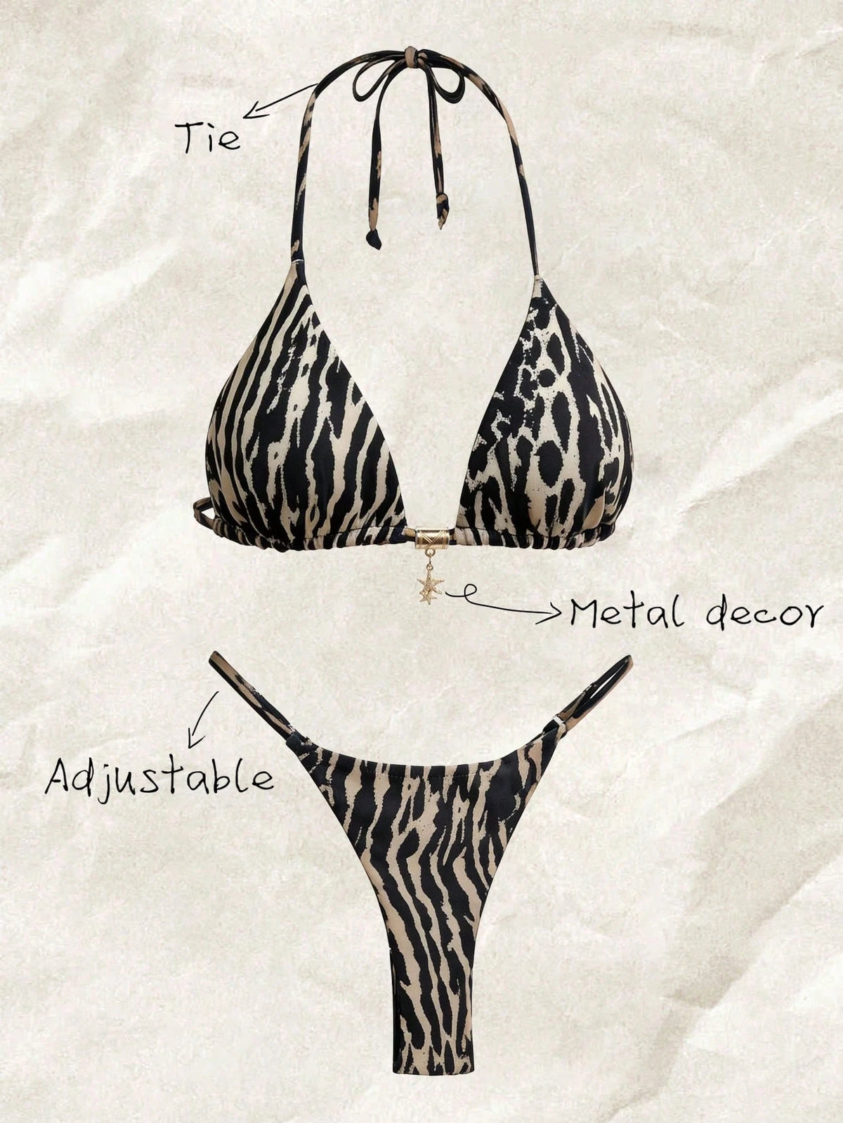 Elavelle Women's Halter Tie Back Zebra Stripe Thong Bikini Set Multicolor Fabric