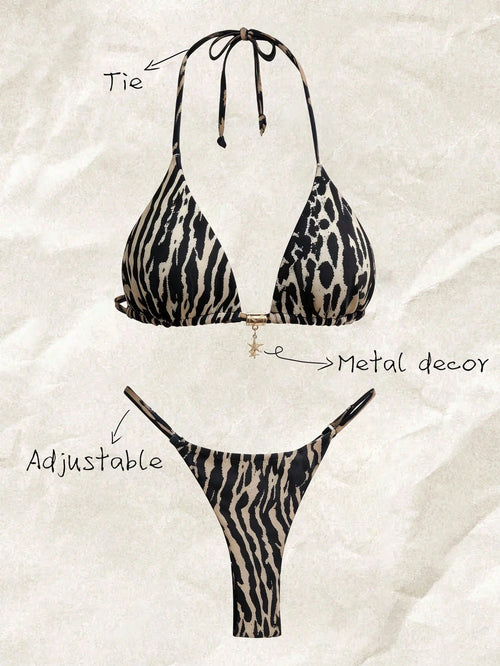 Elavelle Women's Halter Tie Back Zebra Stripe Thong Bikini Set Multicolor Fabric