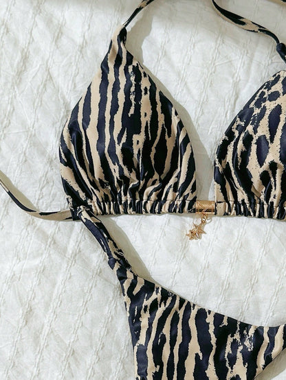 Elavelle Women's Halter Tie Back Zebra Stripe Thong Bikini Set Multicolor Fabric