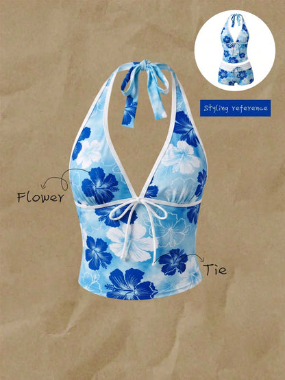 Elavelle Women's Random Print Spaghetti Strap Bow Tie Camisole Bikini Top, Spring/Summer