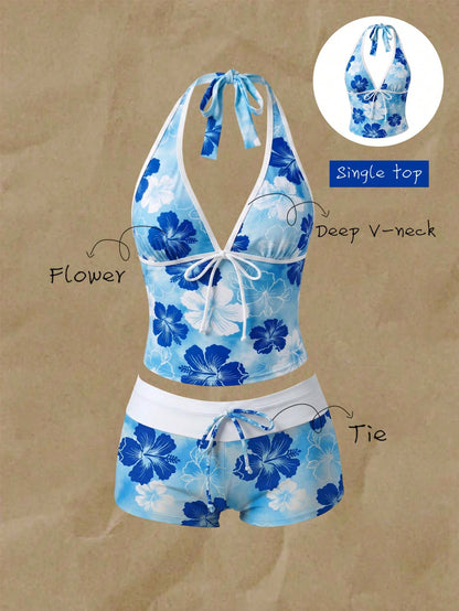 Elavelle Women's Random Print Spaghetti Strap Bow Tie Camisole Bikini Top, Spring/Summer