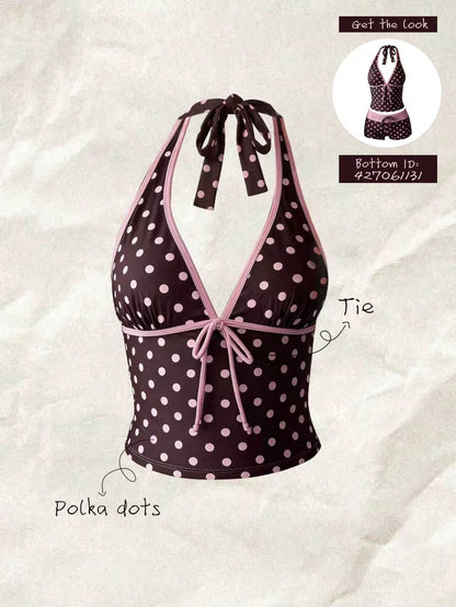 Elavelle Women's Spring/Summer Random Print Spaghetti Strap Bow Bikini Top