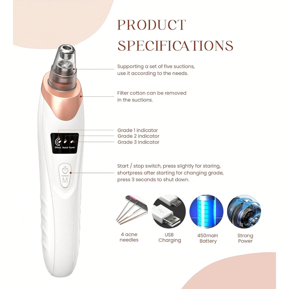 Electric Blackhead Remover, USB Charging, 5 Suction Tips And 3 Adjustable Gears, Electric Acne Removal Tool, Suitable For Both Women And Men, As A Gift For Women