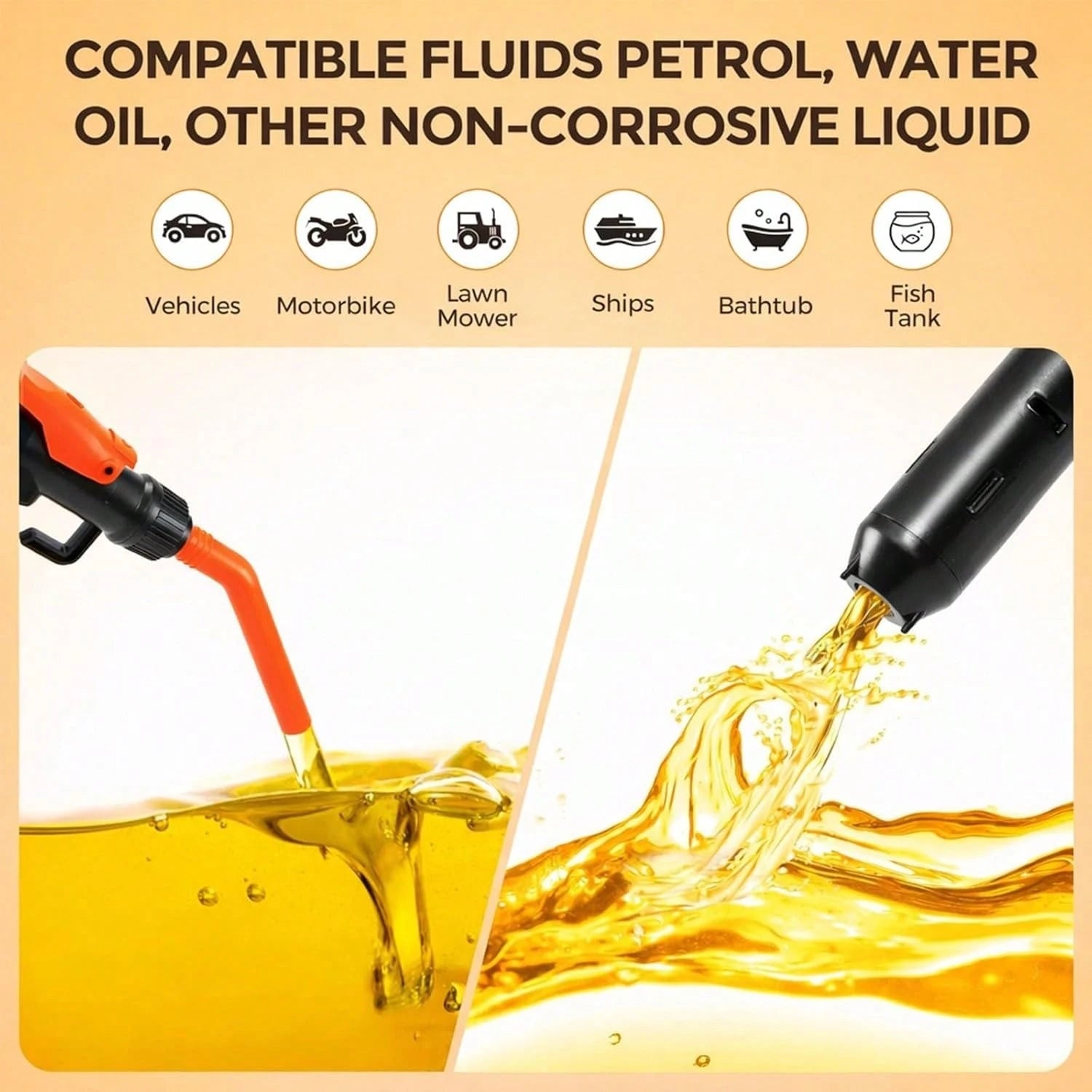 Electric Fuel Transfer Pump 2.8 GPM, Portable Battery Powered Hand Fuel Pump With Adjustable For Vehicles, Boats, Lawn Equipment, Emergency & Home Use- Orange Red