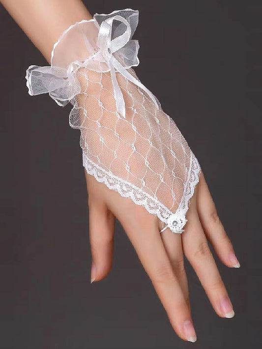 Elegant Bow Decor Lace Fingerless Gloves Halloween Valentine's Day Valentines