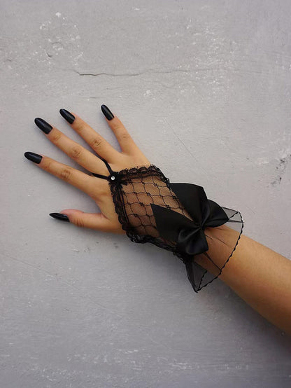 Elegant Bow Decor Lace Fingerless Gloves Halloween Valentine's Day Valentines