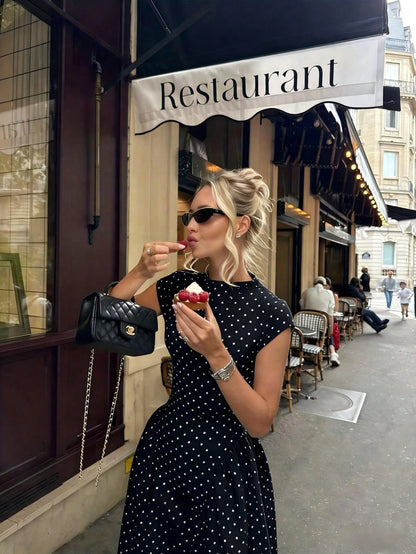 Elegant Floral Print Patchwork Casual Party Dress, Graceful Holiday Dress For Women Black Summer Polka Dot,Petite Women