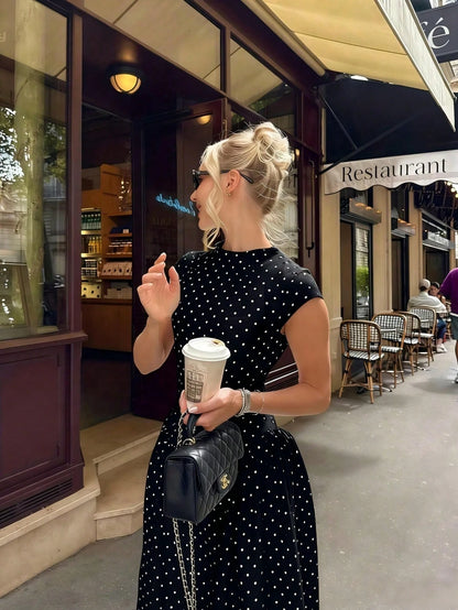 Elegant Floral Print Patchwork Casual Party Dress, Graceful Holiday Dress For Women Black Summer Polka Dot,Petite Women