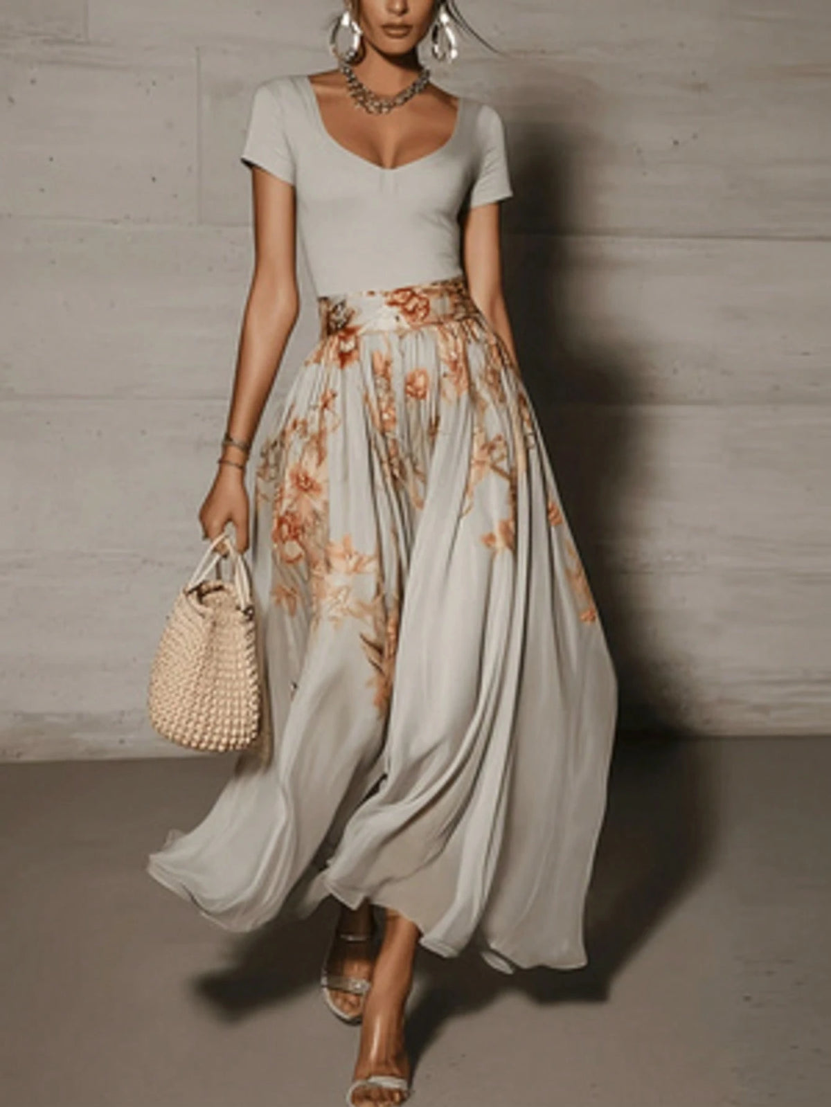Elegant Floral Print Pleated Skirt