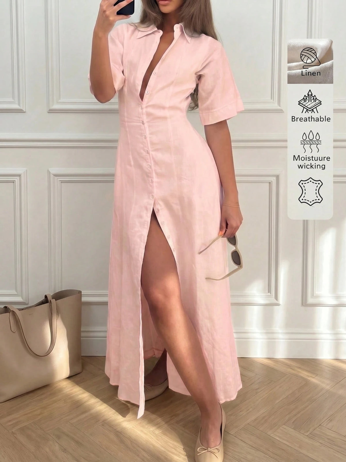 Elegant Linen Casual Commute Minimalist Office Daily Linen Dress, Summer Dresses, Elegant Dresses For Women, Casual Dresses For Women Pink