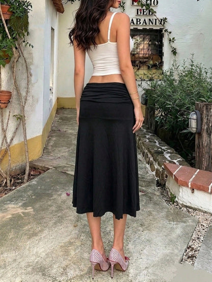 Elegant Low Waist Pleated Slim Fit Bodycon Mermaid Midi Dress, Suitable For Valentine's Day, Daily Wear, Vacation And Other Occasions Black