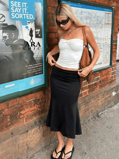 Elegant Low Waist Pleated Slim Fit Bodycon Mermaid Midi Dress, Suitable For Valentine's Day, Daily Wear, Vacation And Other Occasions Black