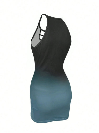 Elegant Sexy Gradient Hollow Out Spaghetti Strap Fitted Mini Dress, Highlights Curves, Suitable For Party And Commute, Spring/Summer Y2K Fashion Item