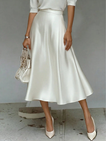 Elegant White Skirt, Silky Flowy Hem High Waist Design, Fashionable Casual Summer