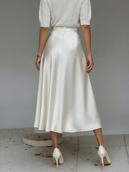 Elegant White Skirt, Silky Flowy Hem High Waist Design, Fashionable Casual Summer