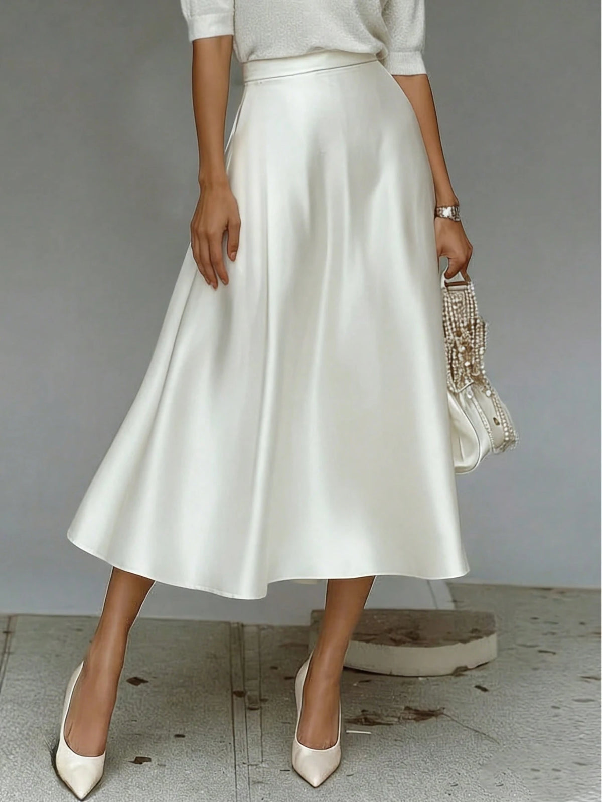 Elegant White Skirt, Silky Flowy Hem High Waist Design, Fashionable Casual Summer