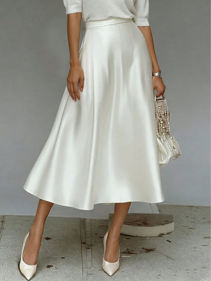 Elegant White Skirt, Silky Flowy Hem High Waist Design, Fashionable Casual Summer
