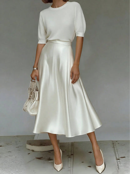 Elegant White Skirt, Silky Flowy Hem High Waist Design, Fashionable Casual Summer