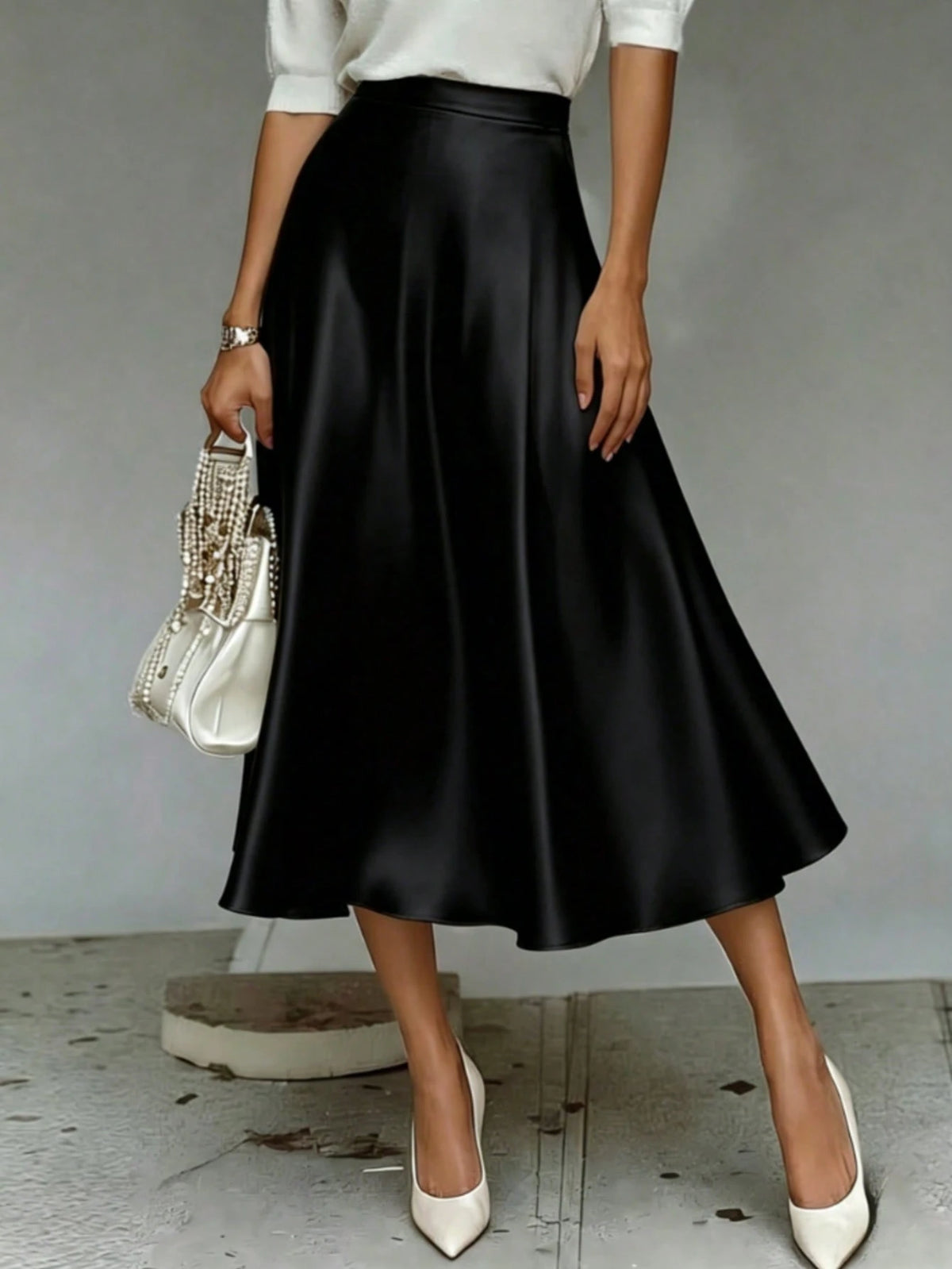 Elegant White Skirt, Silky Flowy Hem High Waist Design, Fashionable Casual Summer