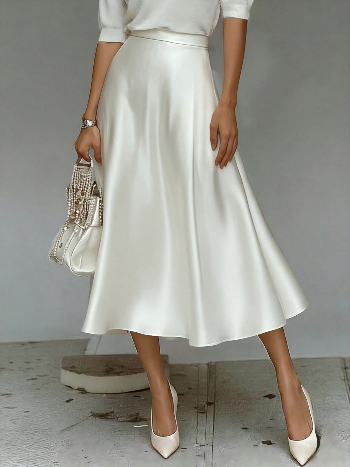 Elegant White Skirt, Silky Flowy Hem High Waist Design, Fashionable Casual Summer