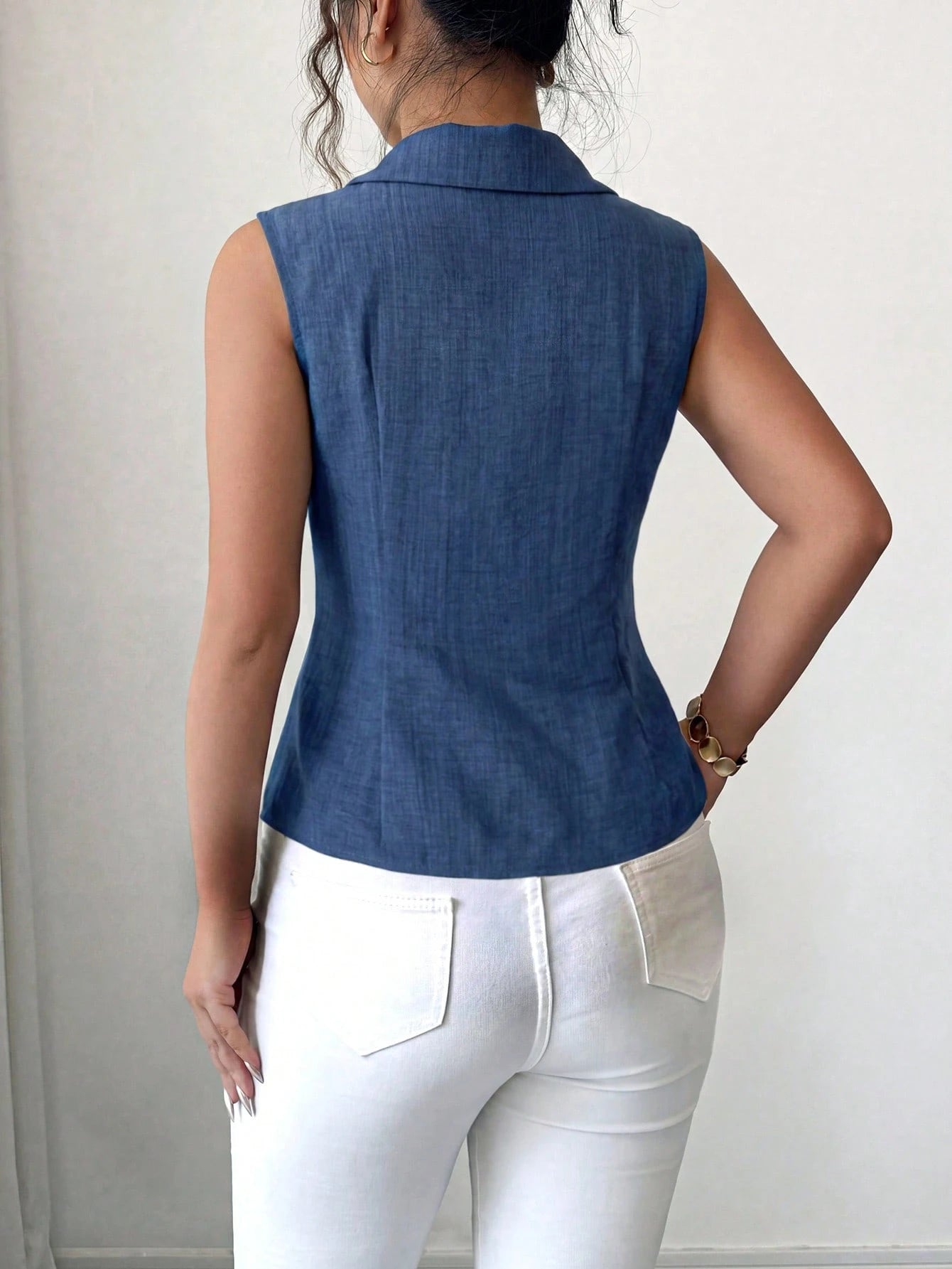 Elenzga 1pc Plus Size Women's Summer Lapel Sleeveless Fitted Asymmetrical Hem Casual Blouse